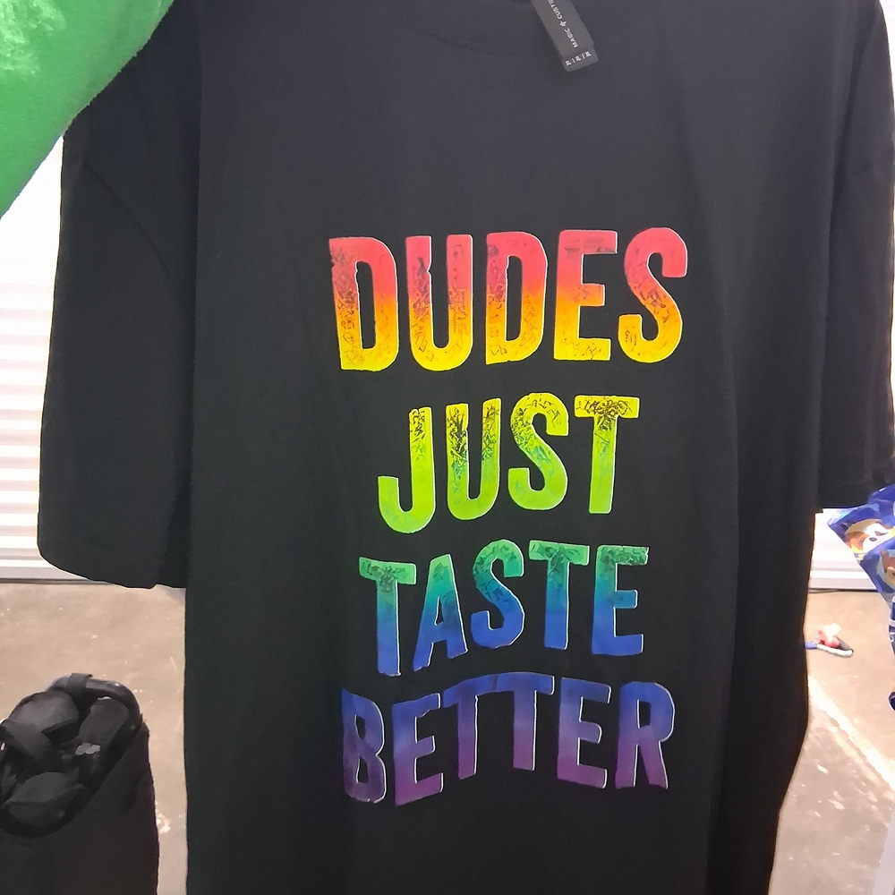Black T-Shirt with Rainbow Text